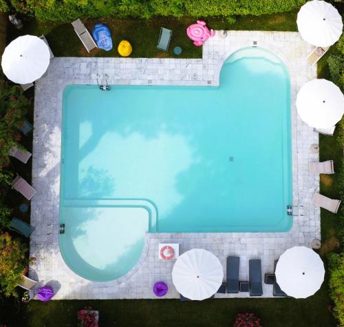 eine Draufsicht auf einen Swimmingpool mit Stühlen und Blumen in der Unterkunft JR Resort Logos Forte dei Marmi in Forte dei Marmi