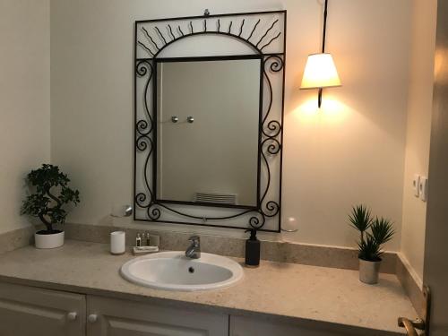 a bathroom with a sink and a mirror at La Calade in L'Isle-sur-la-Sorgue