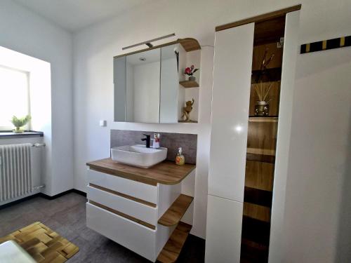 a bathroom with a sink and a mirror at Henneberger Hof Goldstück in Münnerstadt