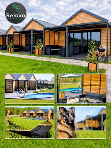 a collage of pictures of a house with a hammock at Domki RELAXO Rewal - domki nad morzem z podgrzewanym basenem, placem zabaw i strefą relaksu in Rewal