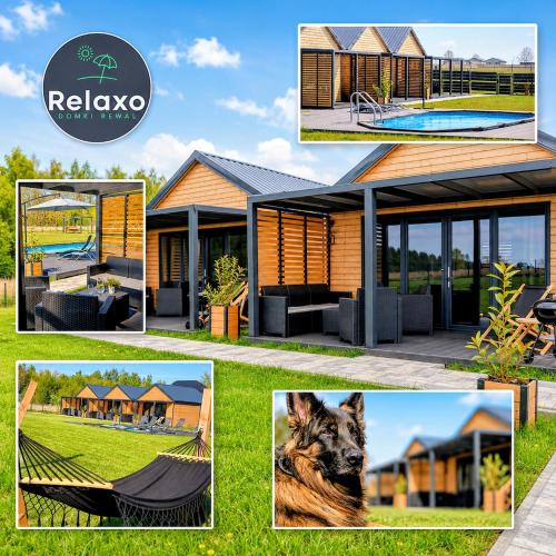 a collage of pictures of a house with a hammock at Domki RELAXO Rewal - domki nad morzem z podgrzewanym basenem, placem zabaw i strefą relaksu in Rewal