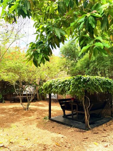 a bench sitting under a tree in a park at Alcove Bungalow in Hinkong