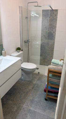 a bathroom with a toilet and a glass shower at CORNELIAS HOME 1A between LAS VISTAS & LOS CRISTIANOS BEACH in Los Cristianos