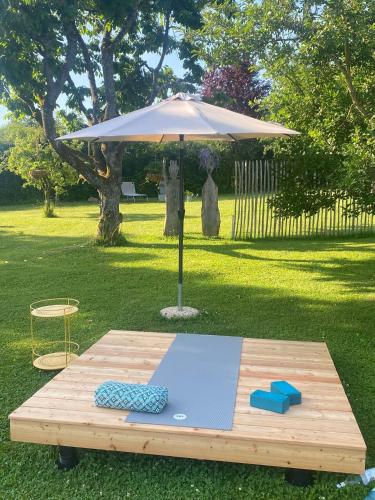 a picnic table with an umbrella in a park at Tiny House 47 in Egloffstein