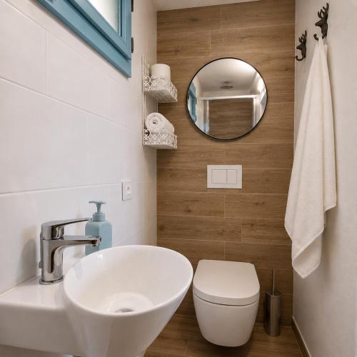 a bathroom with a sink and a toilet and a mirror at Chalet Como Lake - Nature Retreat, foot access only in Griante Cadenabbia