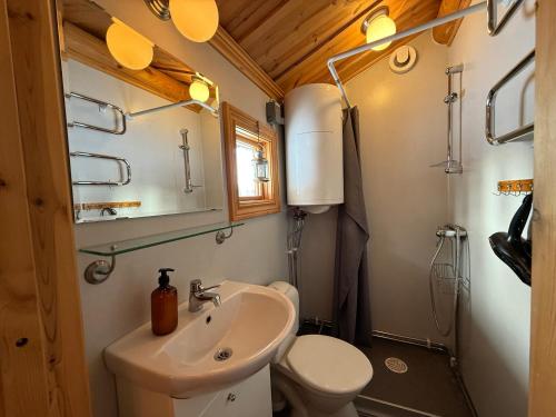 a small bathroom with a sink and a toilet at Charmig timmerstuga i Vemdalen in Vemhån