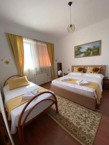 a bedroom with two beds and a window at Blissful Hostel in Shkodër
