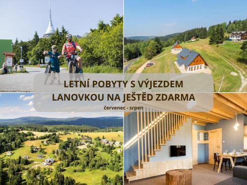 a collage of photos of a house with a view of the countryside at Apartmány Severák Smrk in Janov nad Nisou