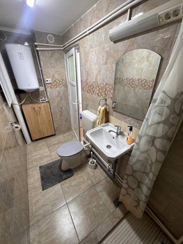 a bathroom with a sink and a toilet and a mirror at Very good location in Hunedoara