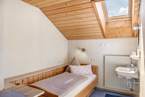 a small room with a bed and a sink at Ferienwohnung Panorama Bad Kohlgrub in Bad Kohlgrub
