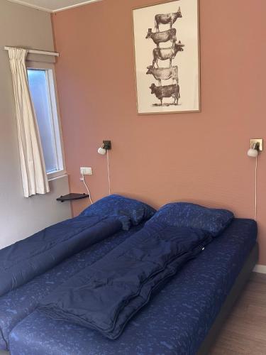 two blue beds in a room with a window at Bungalow Halfweg in Ballum