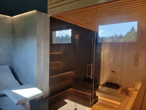 a bathroom with a shower with a glass door at Vila Golijat in Raška