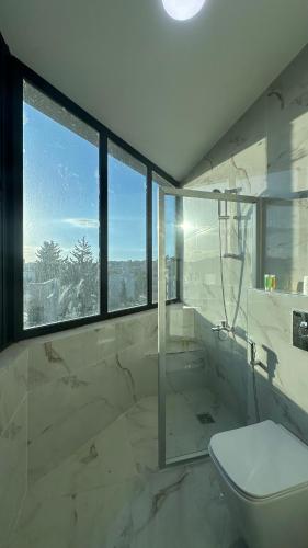 a bathroom with a toilet and a glass shower at Amman Suites in Amman