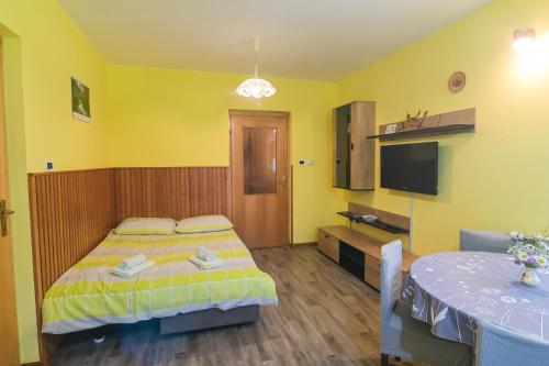 a yellow room with a bed and a tv at Apartma pod Rožem in Soča