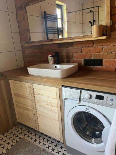 a bathroom with a sink and a washing machine at Wiluki Nasz Dom in Wiluki