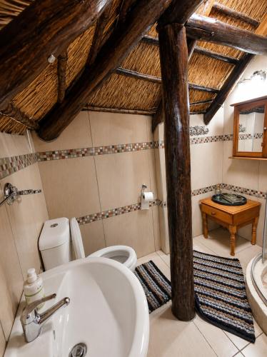 a bathroom with a sink and a toilet and a table at WHY NOT GUESTHOUSE in Bothaville