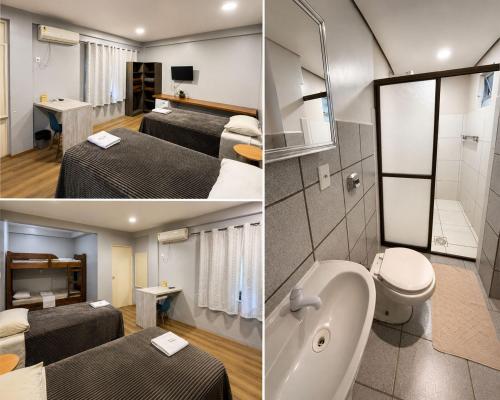 two pictures of a hotel room with two beds at Hotelcity in Brusque