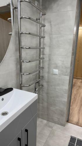 a bathroom with a shower and a white sink at Forest Solotvyno in Solotvyno