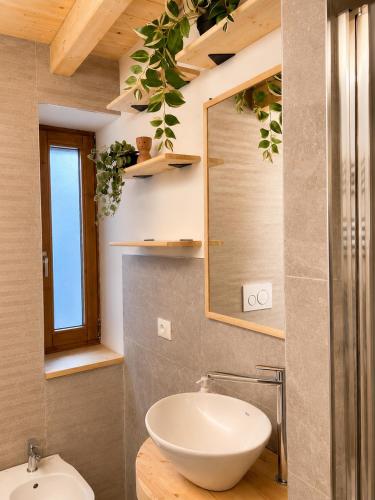 a bathroom with a sink and a mirror at Clelia appartamento 6 posti vicino le piste da sci in Temù
