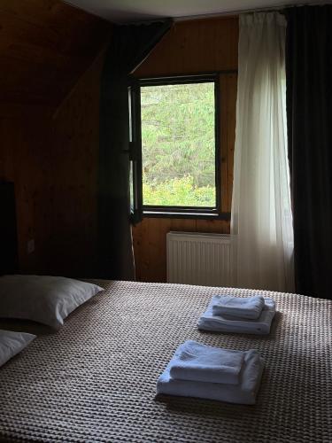 a bedroom with two towels on a bed with a window at Vila Casa Familiei Poiana Braşov in Poiana Brasov