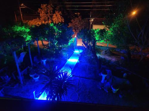 a garden lit up at night with blue lights at Chimera Pia Aparts in Cıralı