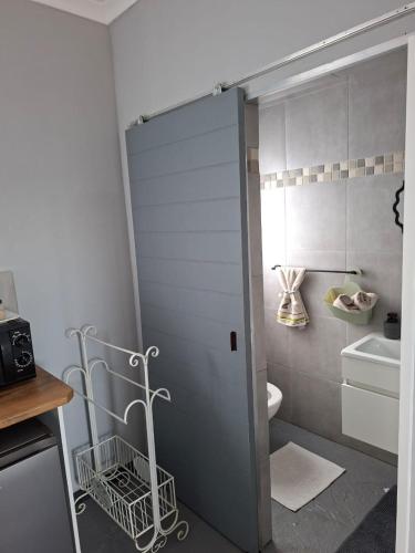 a bathroom with a toilet and a sink and a door at Koeroebees 1 in Springbok