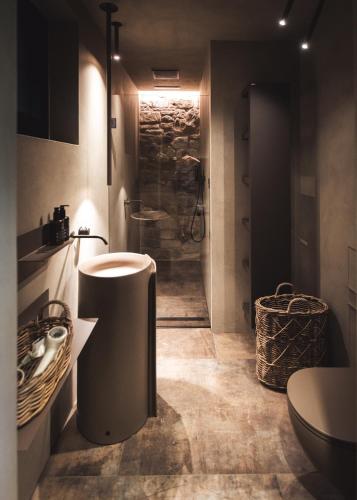 a bathroom with a shower and a toilet and a sink at Chalet Tefiti in Romeno