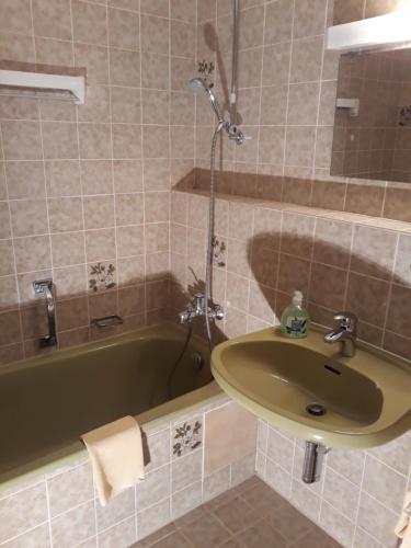 a bathroom with a green tub and a sink at Ferienwohnung Ritter in Missen-Wilhams