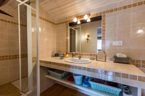 a bathroom with a sink and a mirror at L'étable des amis in Escalans