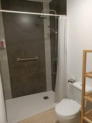 a bathroom with a shower curtain and a toilet at Pilgrim Rooms in Redondela