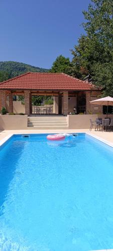 a large swimming pool with a red frisbee in it at Villa Tri tačke in Debeljaci