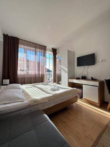 a bedroom with a large bed and a television at Apart Hotel TRIBU Bakuriani in Bakuriani