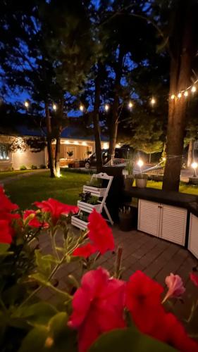 a bench sitting on a patio at night with red flowers at Sosenkowe Apartamenty Balia & Jacuzzi in Kuźnica Głogowska
