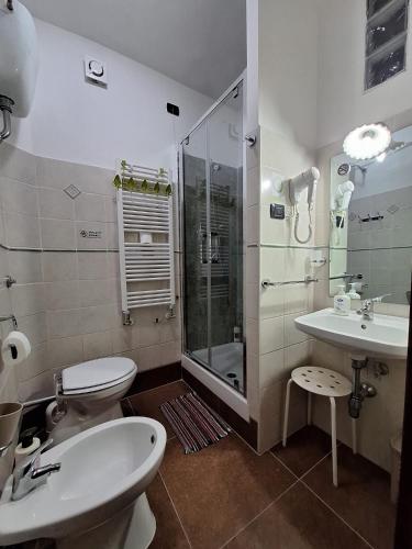 a bathroom with a shower and a toilet and a sink at Portella delle Fate in Sora