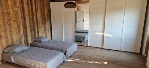 a bedroom with two beds and a mirror at La Maison Bleue - Escale en Ubaye in Saint-Pons