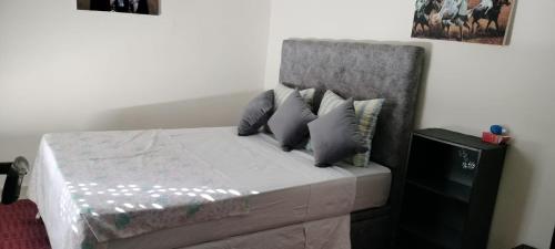 a bedroom with a bed with a headboard and pillows at appartement forêt diplomatique in Tangier