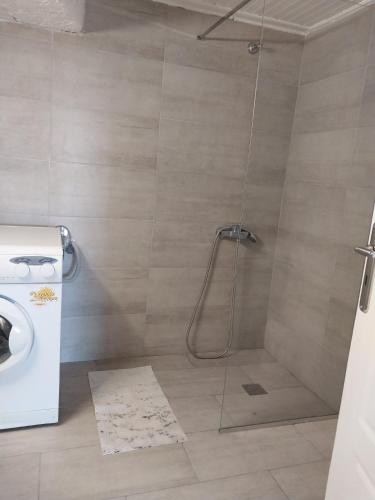 a shower with a glass door in a bathroom at ANGIRA - Koroni Apartments in Koroni