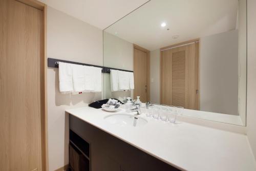 a bathroom with a sink and a large mirror at Richmond Hotel Tokyo Suidobashi in Tokyo