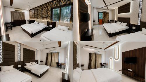 three pictures of a room with two beds and a tv at Star resort in Bhusāwal