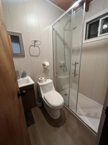 a bathroom with a toilet and a glass shower at Puerta Archipiélago in Ancud