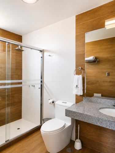 a bathroom with a toilet and a shower and a sink at Hotel Villa del Carmen in Arequipa