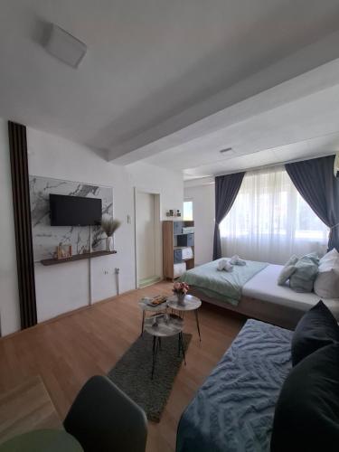 a bedroom with a bed and a couch and a table at Happiness Apartment Skopje in Skopje