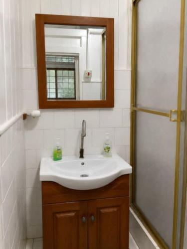 a bathroom with a sink and a mirror and a shower at SMITH'S HOMESTAY in Georgetown