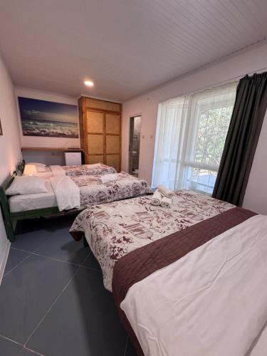 a hotel room with two beds and a window at Robinson Hotel in Zatoka