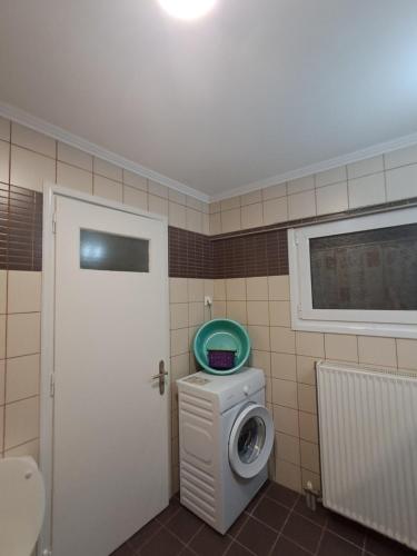 a small bathroom with a washing machine and a door at Little Citrus Yard in Karlovasi