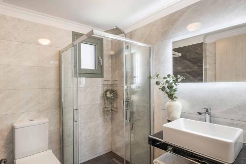 a bathroom with a toilet and a sink and a shower at Casa Bella in Karavádhos