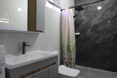 a bathroom with a sink and a shower at Khan Dobo in Bokonbayevo