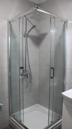 a shower with a glass door in a bathroom at Apartman Lejla in Bjelašnica