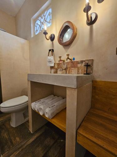 a bathroom with a sink and a toilet at Cabañas Chechén Chaká in Leona Vicario