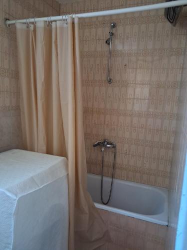 a bathroom with a shower curtain and a bath tub at TILIA Apartmet in Struga